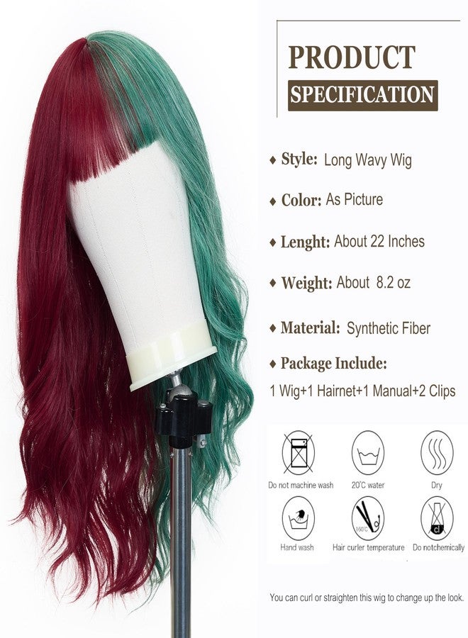 اسمي شعر مستعار صناعي طويل مموج باللونين الأحمر والأخضر من إسمي، بطول 22 بوصة، مع غرة هوائية كثيفة، مناسب لحفلات التنكر والهالوين. - Image 2